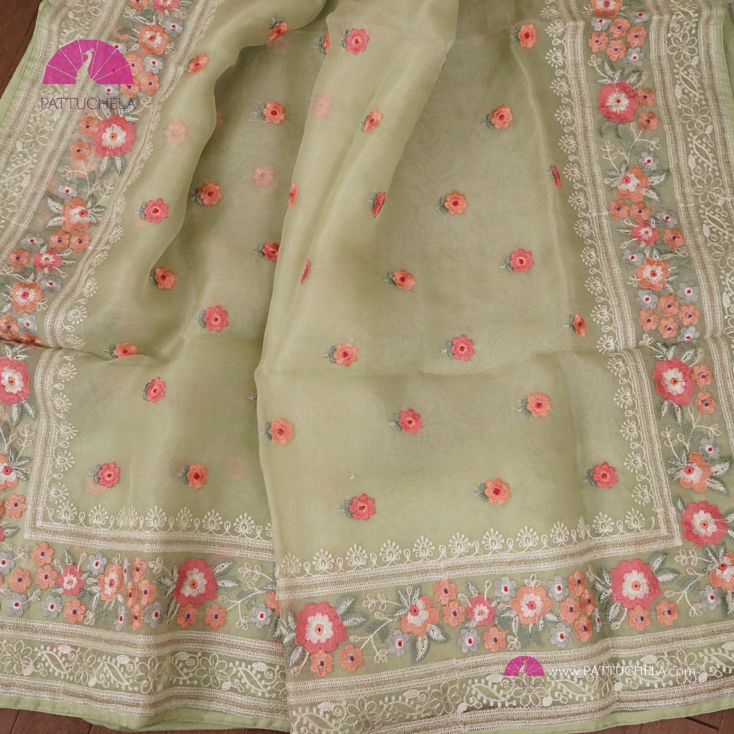 Pastel Pistachio Green Pure Organza Silk Saree with Resham Embroidery & Chikankari Border