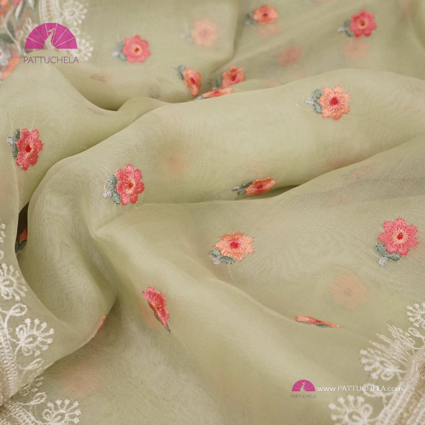 Pastel Pistachio Green Pure Organza Silk Saree with Resham Embroidery & Chikankari Border