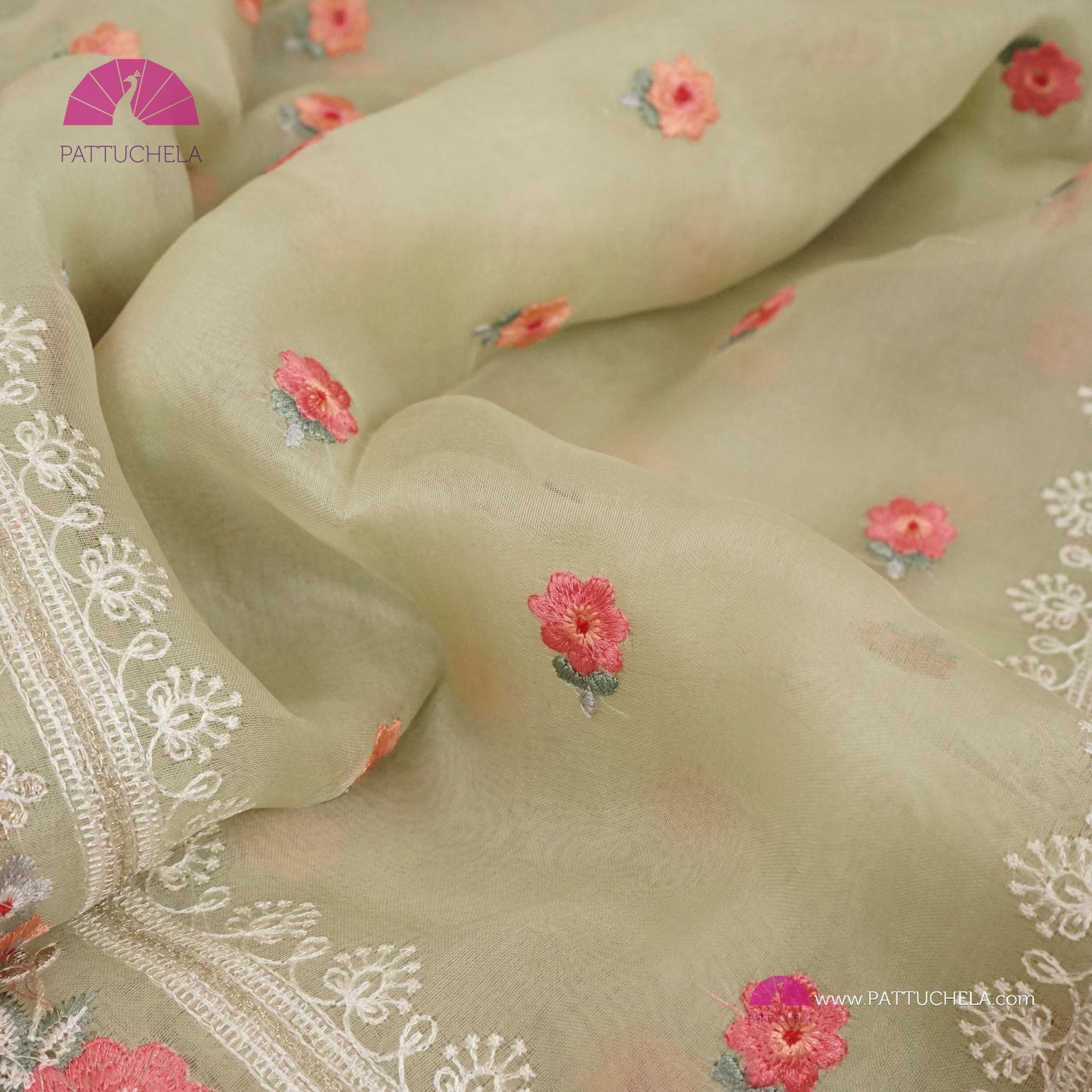 Pastel Pistachio Green Pure Organza Silk Saree with Resham Embroidery & Chikankari Border