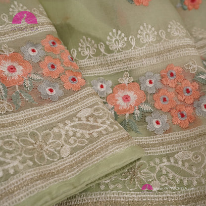 Pastel Pistachio Green Pure Organza Silk Saree with Resham Embroidery & Chikankari Border