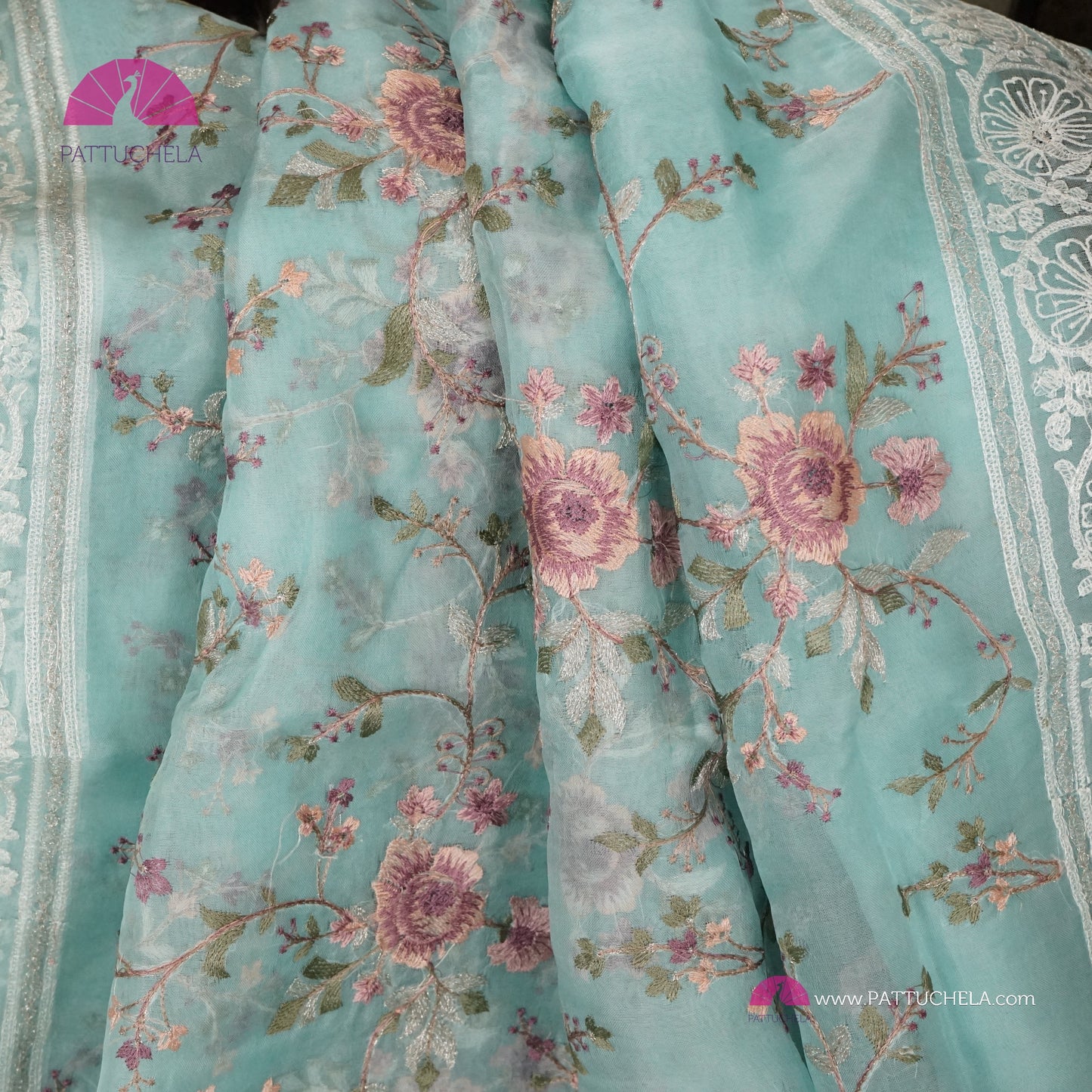 Pastel Ice Blue Pure Organza Silk Saree with Resham Embroidery & Chikankari Border