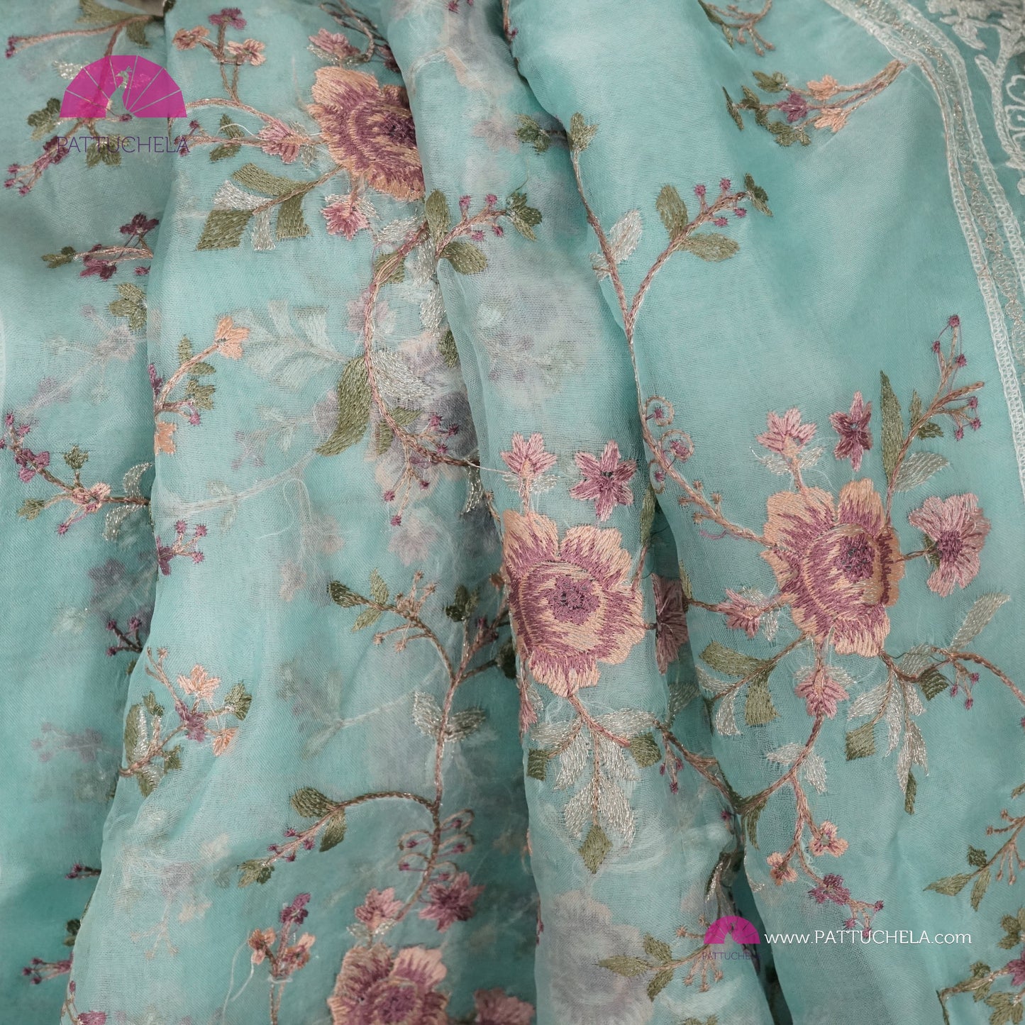 Pastel Ice Blue Pure Organza Silk Saree with Resham Embroidery & Chikankari Border