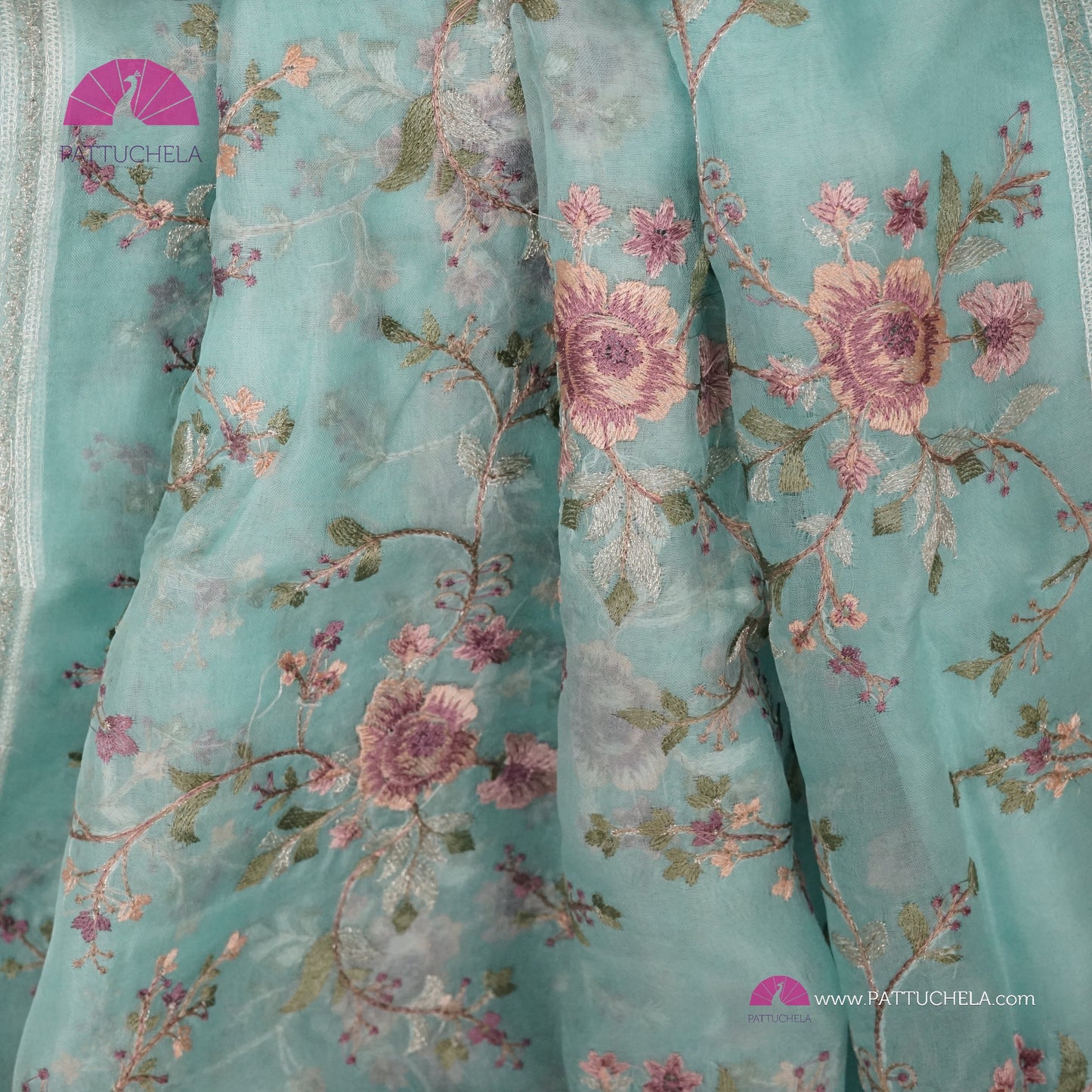 Pastel Ice Blue Pure Organza Silk Saree with Resham Embroidery & Chikankari Border