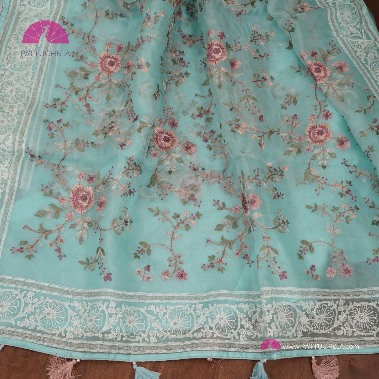 Pastel Ice Blue Pure Organza Silk Saree with Resham Embroidery & Chikankari Border