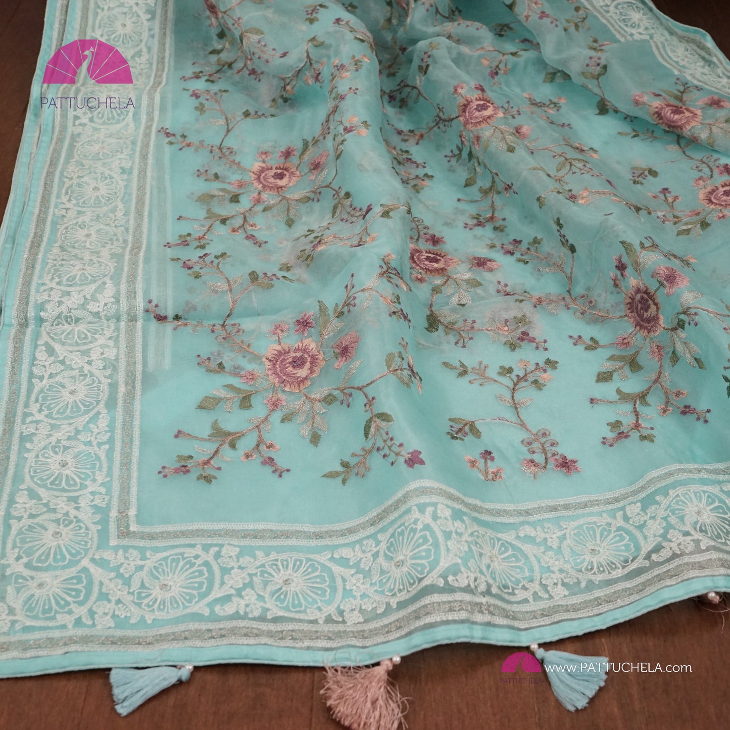 Pastel Ice Blue Pure Organza Silk Saree with Resham Embroidery & Chikankari Border