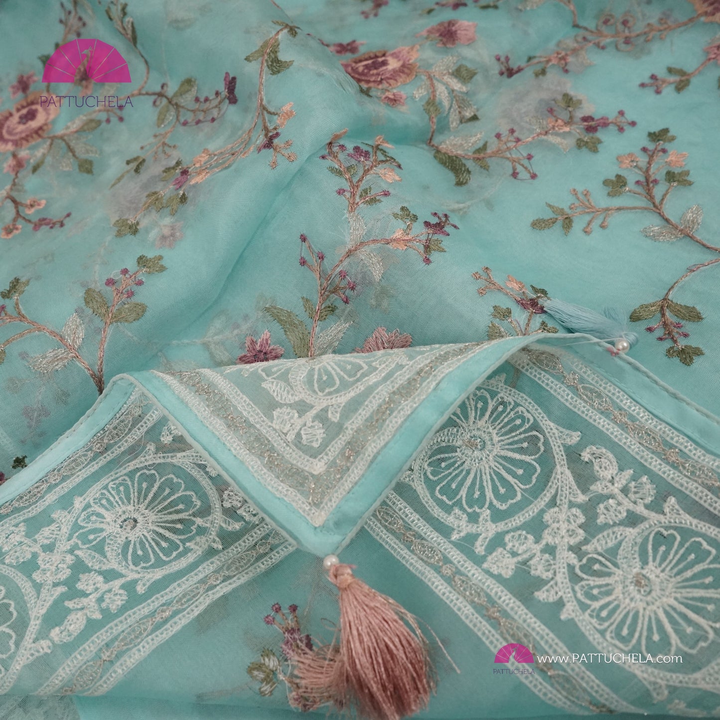 Pastel Ice Blue Pure Organza Silk Saree with Resham Embroidery & Chikankari Border