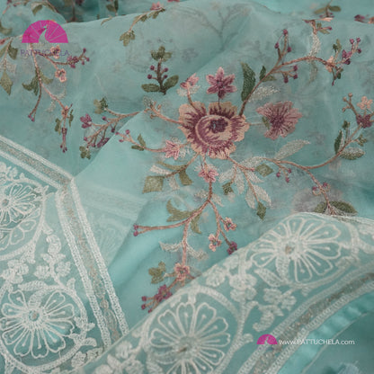 Pastel Ice Blue Pure Organza Silk Saree with Resham Embroidery & Chikankari Border