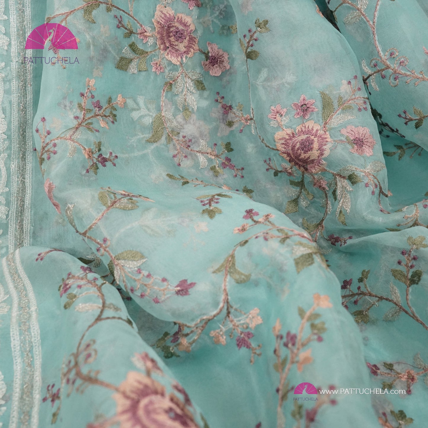 Pastel Ice Blue Pure Organza Silk Saree with Resham Embroidery & Chikankari Border