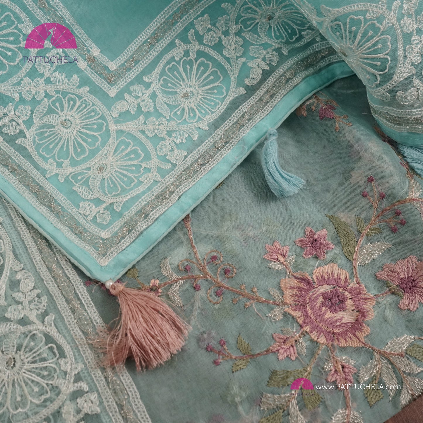 Pastel Ice Blue Pure Organza Silk Saree with Resham Embroidery & Chikankari Border