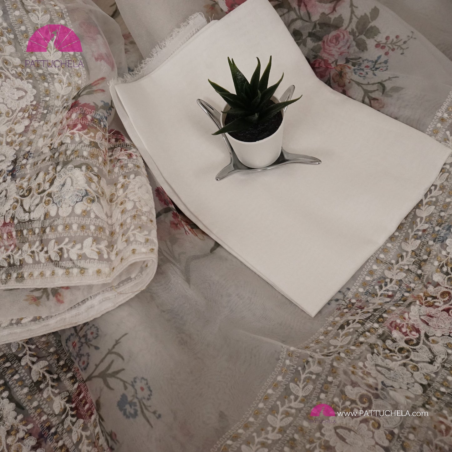 Shimmery White Digital Print Floral Organza Saree with Chikankari Border