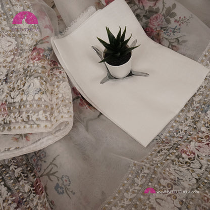 Shimmery White Digital Print Floral Organza Saree with Chikankari Border