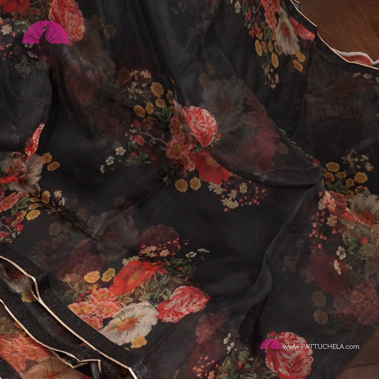 Black Organza Digital Print Katrina Kaif's Floral Saree with Sequence Laced Border