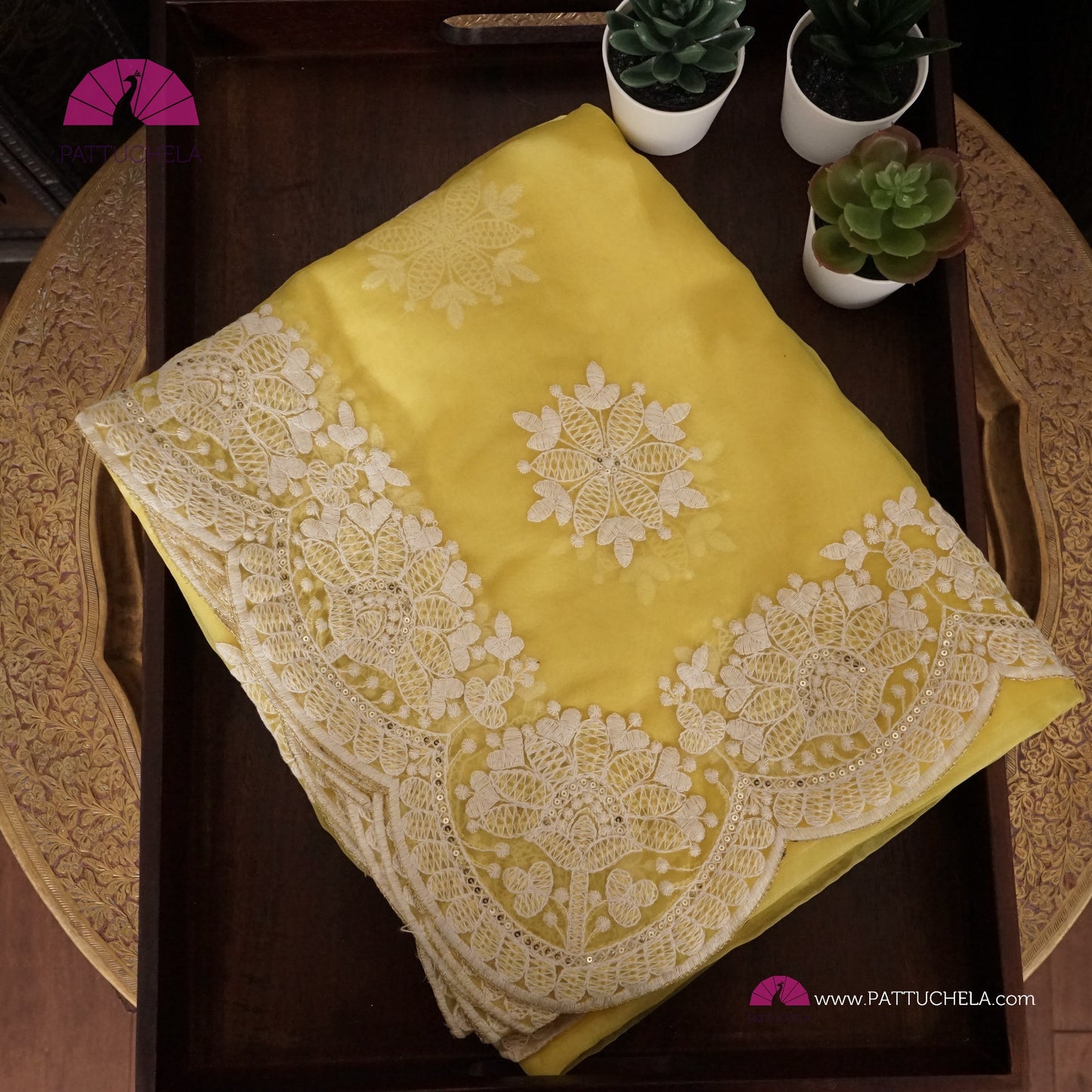 Pastel Yellow Organza Saree with Scalloped Chikankari Border