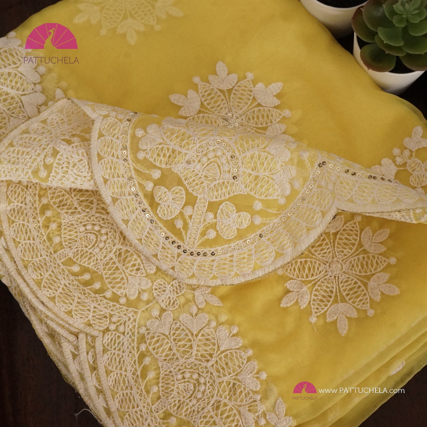 Pastel Yellow Organza Saree with Scalloped Chikankari Border