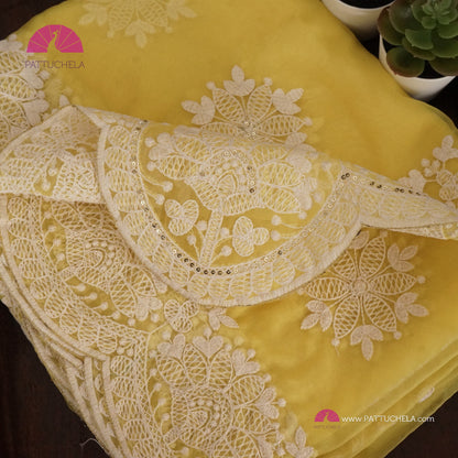 Pastel Yellow Organza Saree with Scalloped Chikankari Border