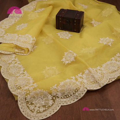 Pastel Yellow Organza Saree with Scalloped Chikankari Border