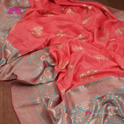 Pure Banarasi Munga Handwoven Soft Silk Saree in Coral Pink