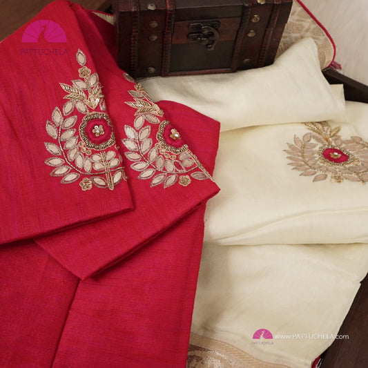 Off white Banarasi Munga Soft Silk Hand worked Saree with Stitched Hand worked Blouse