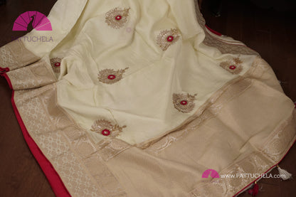 Off white Banarasi Munga Soft Silk Hand worked Saree with Stitched Hand worked Blouse