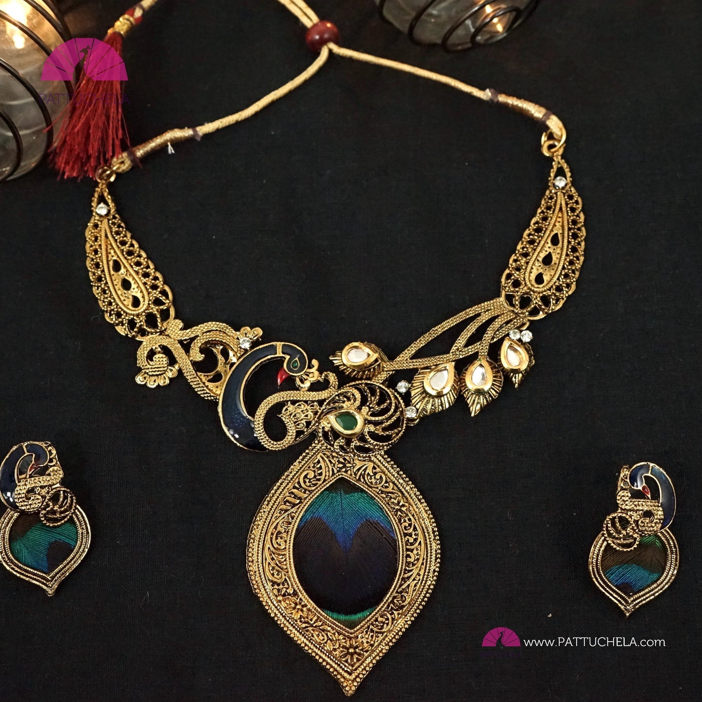 Unique Mughal Peacock Kundan Necklace set with ear rings embellished with real peacock feathers, enamel & Kundan stones | Party & Festive Wear | Indian Jewelry