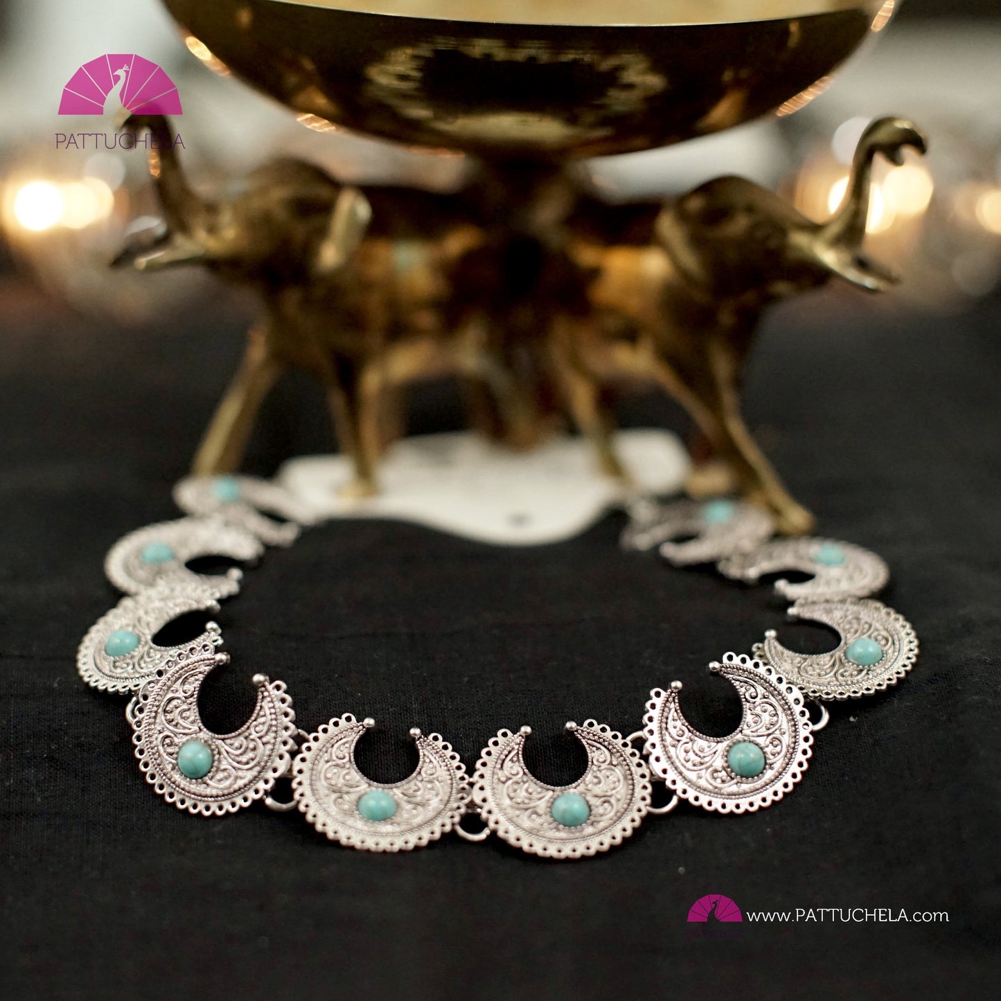 Oxidized Silver Moon Necklace set embellished with Turquoise color Stones | Chandbali Necklace | Formal & Casual Wear Necklace | Silver Jewelry