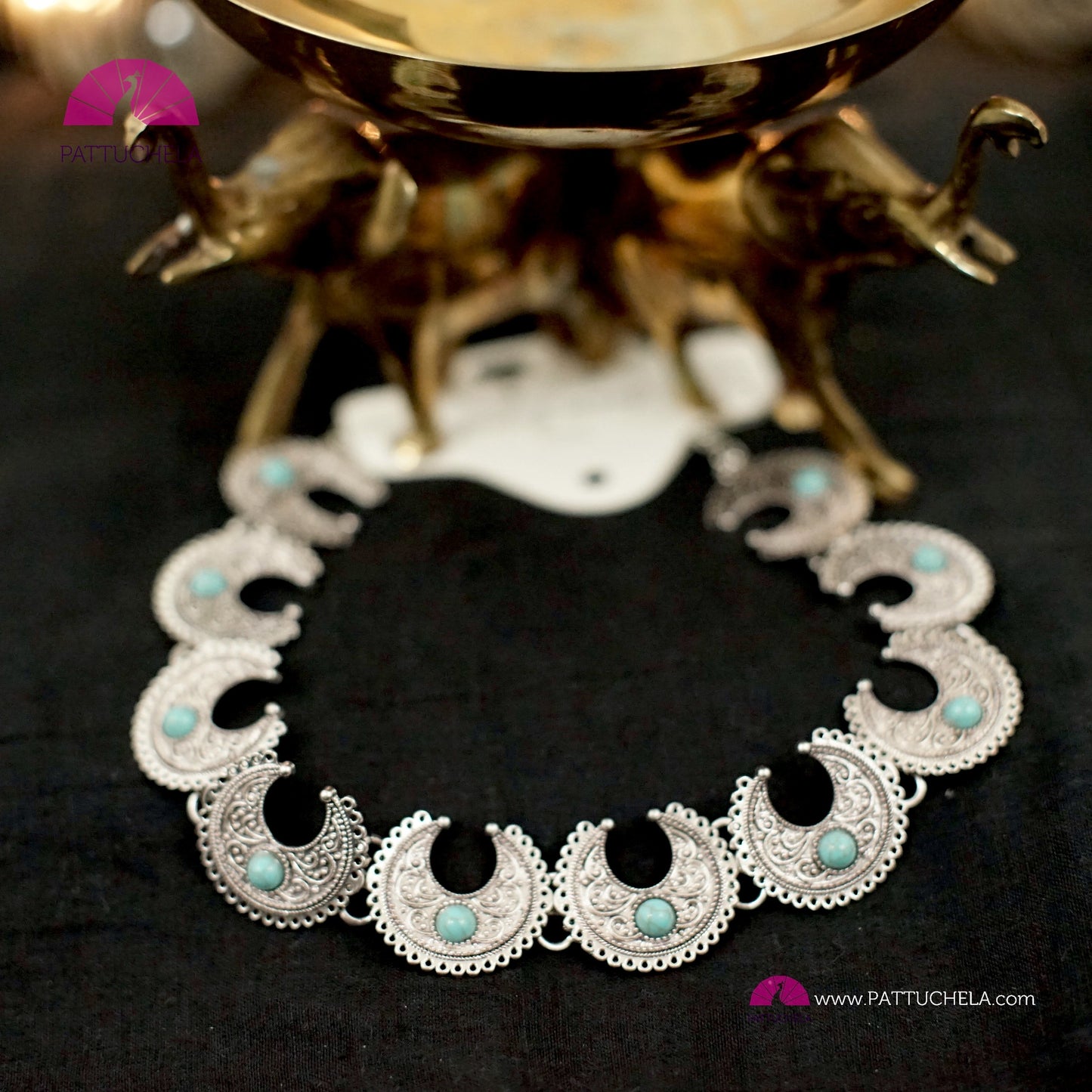 Oxidized Silver Moon Necklace set embellished with Turquoise color Stones | Chandbali Necklace | Formal & Casual Wear Necklace | Silver Jewelry