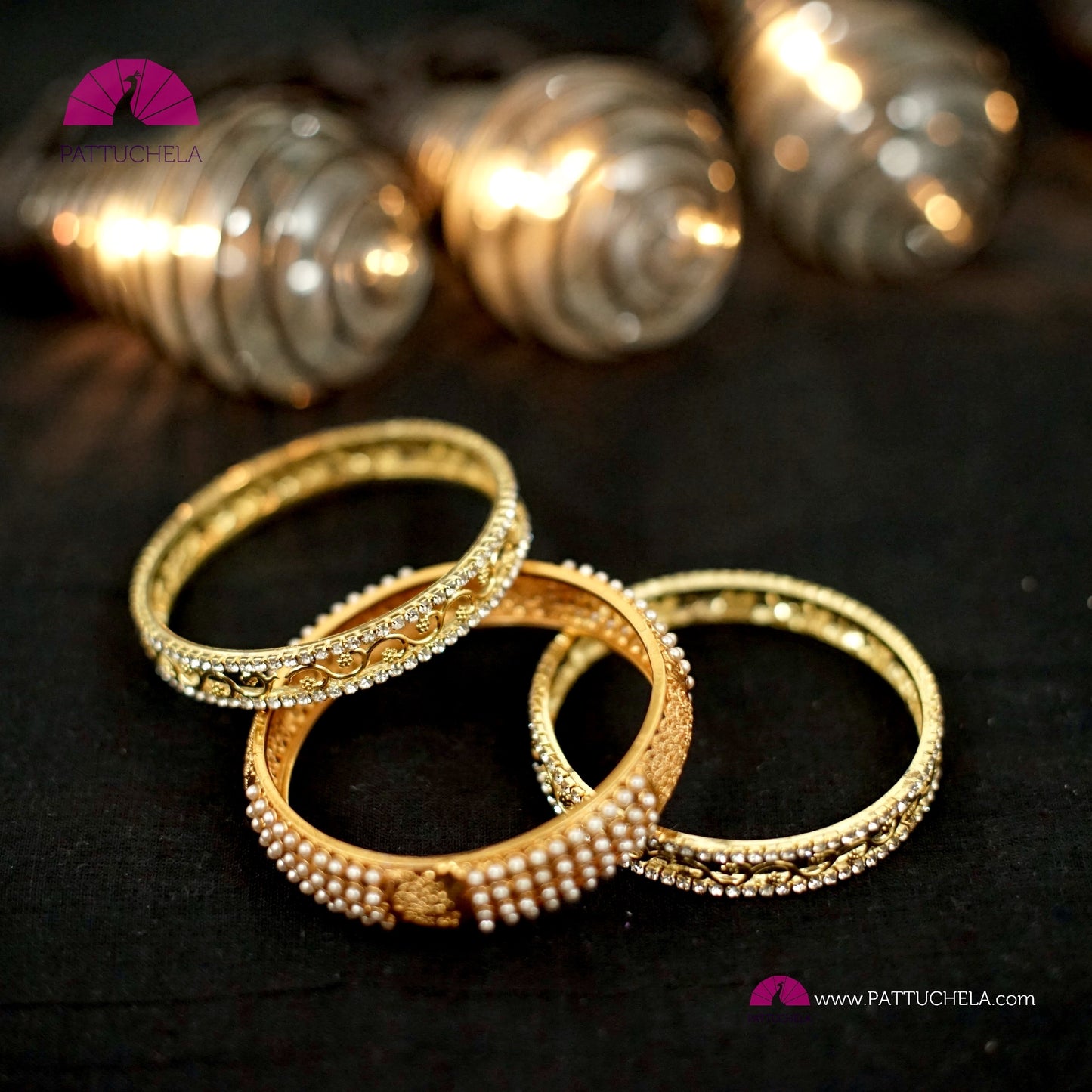 Pair of Gold tone Bangles with White Zircon stones | Gold Bangles | Kadas | Indian Jewelry