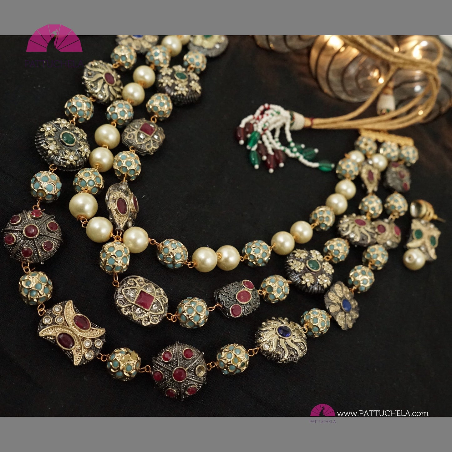 3 layer Beautiful Mughal Jadau Beads & Stone Long Necklace set with ear rings