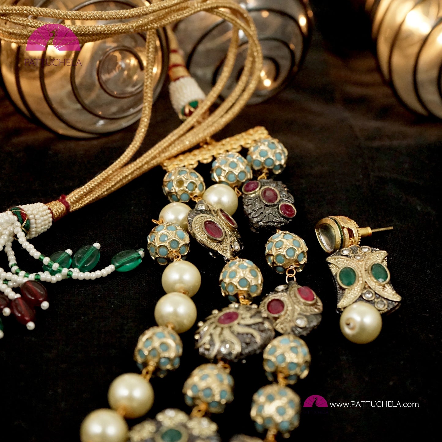3 layer Beautiful Mughal Jadau Beads & Stone Long Necklace set with ear rings