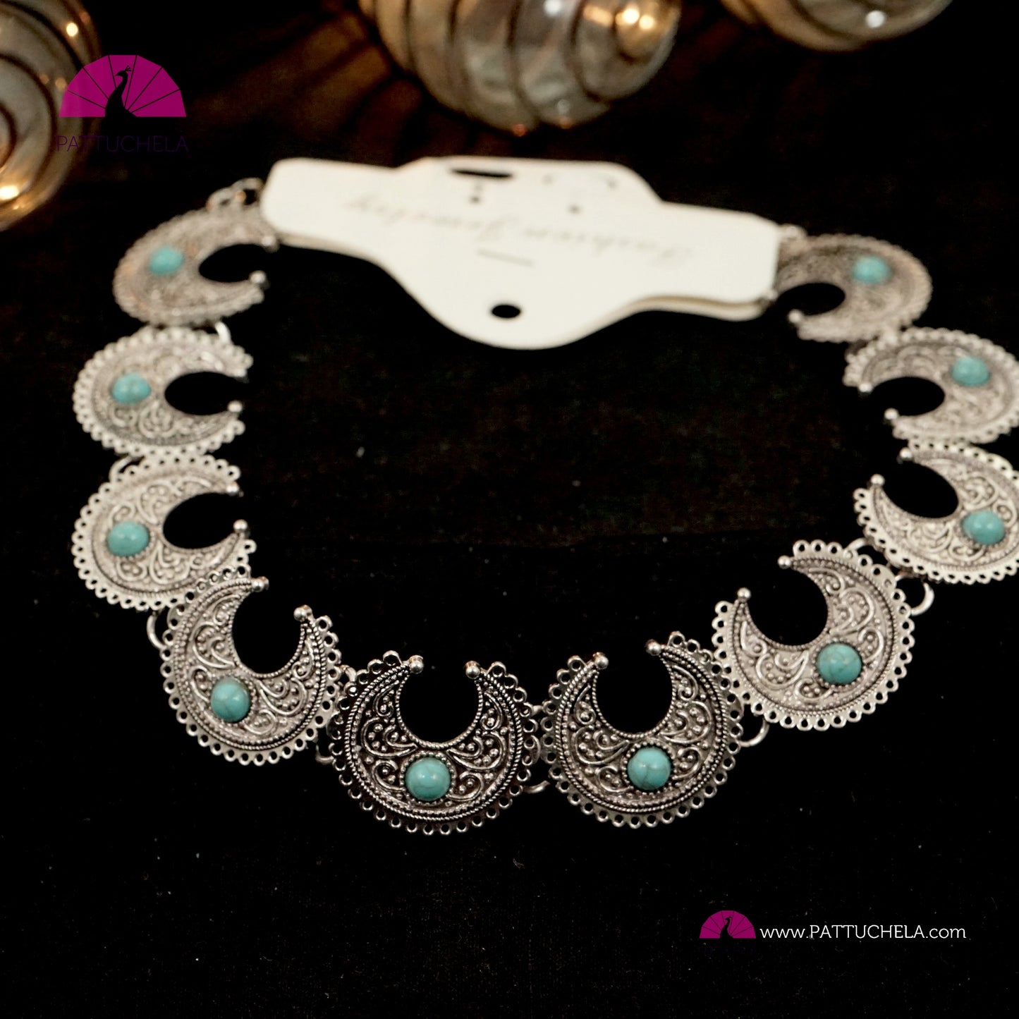 Oxidized Silver Moon Necklace set embellished with Turquoise color Stones | Chandbali Necklace | Formal & Casual Wear Necklace | Silver Jewelry