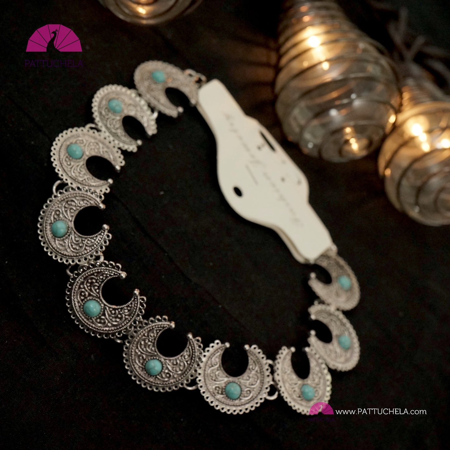 Oxidized Silver Moon Necklace set embellished with Turquoise color Stones | Chandbali Necklace | Formal & Casual Wear Necklace | Silver Jewelry