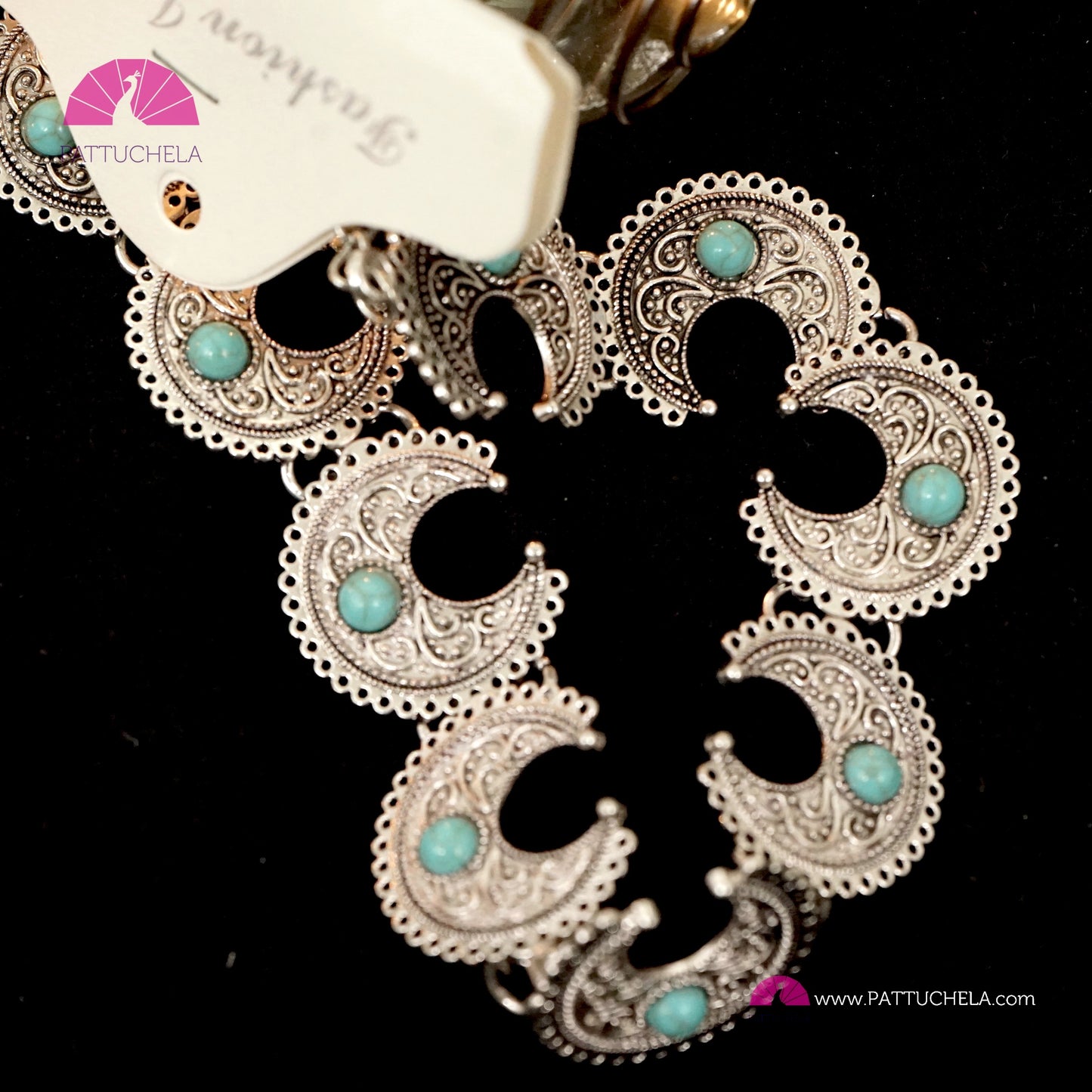 Oxidized Silver Moon Necklace set embellished with Turquoise color Stones | Chandbali Necklace | Formal & Casual Wear Necklace | Silver Jewelry