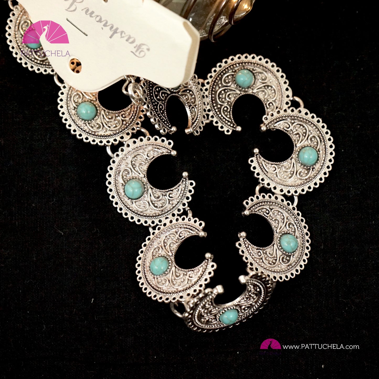 Oxidized Silver Moon Necklace set embellished with Turquoise color Stones | Chandbali Necklace | Formal & Casual Wear Necklace | Silver Jewelry