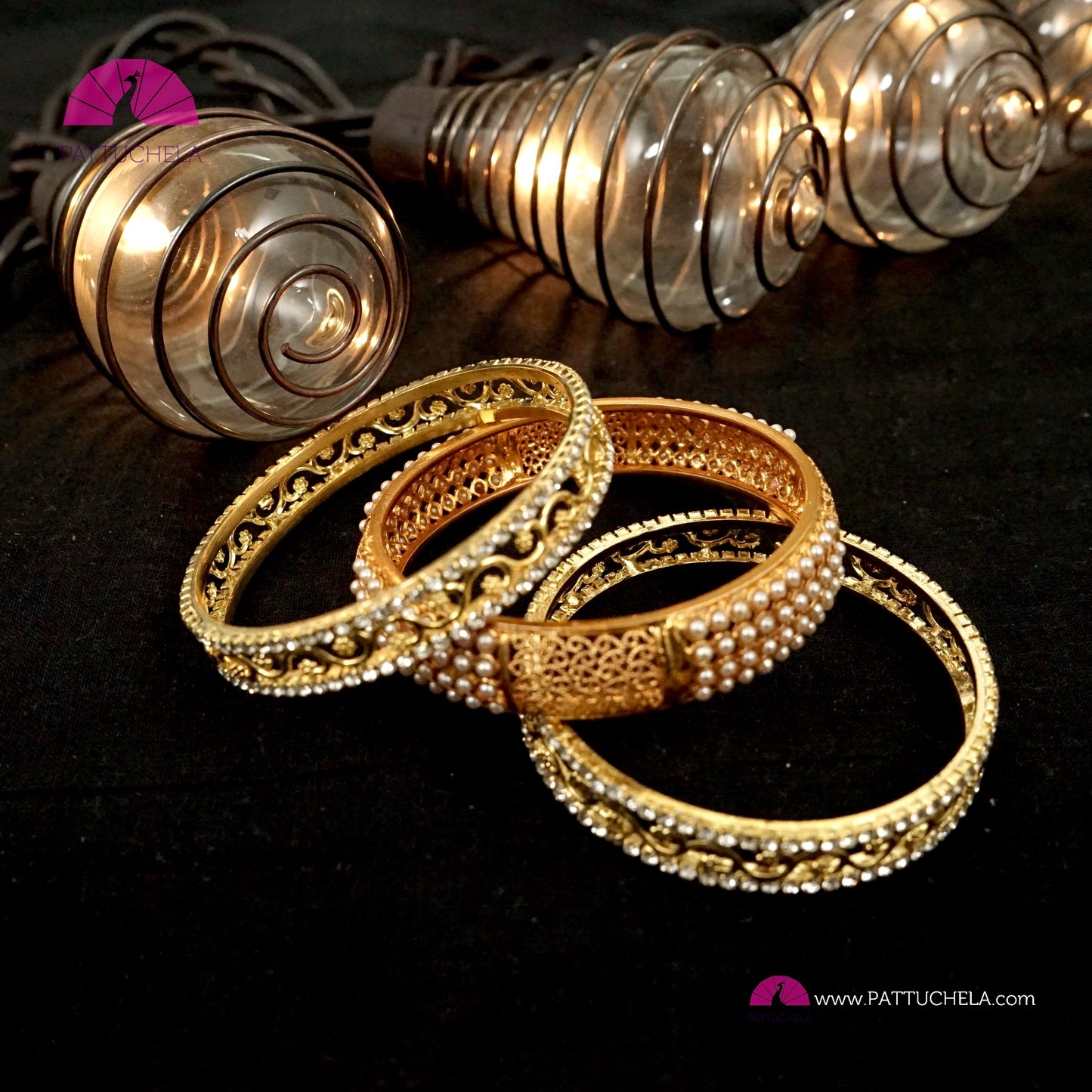 Pair of Gold tone Bangles with White Zircon stones | Gold Bangles | Kadas | Indian Jewelry