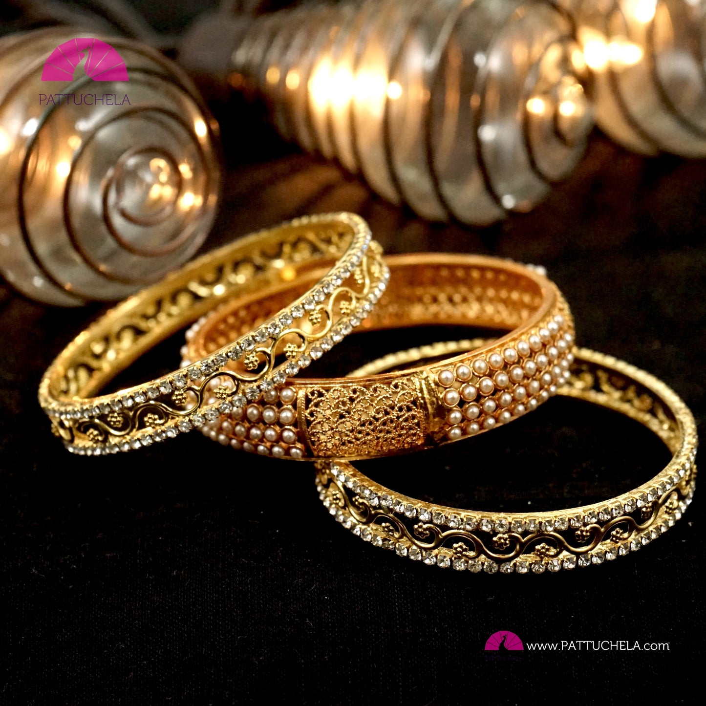 Pair of Gold tone Bangles with White Zircon stones | Gold Bangles | Kadas | Indian Jewelry