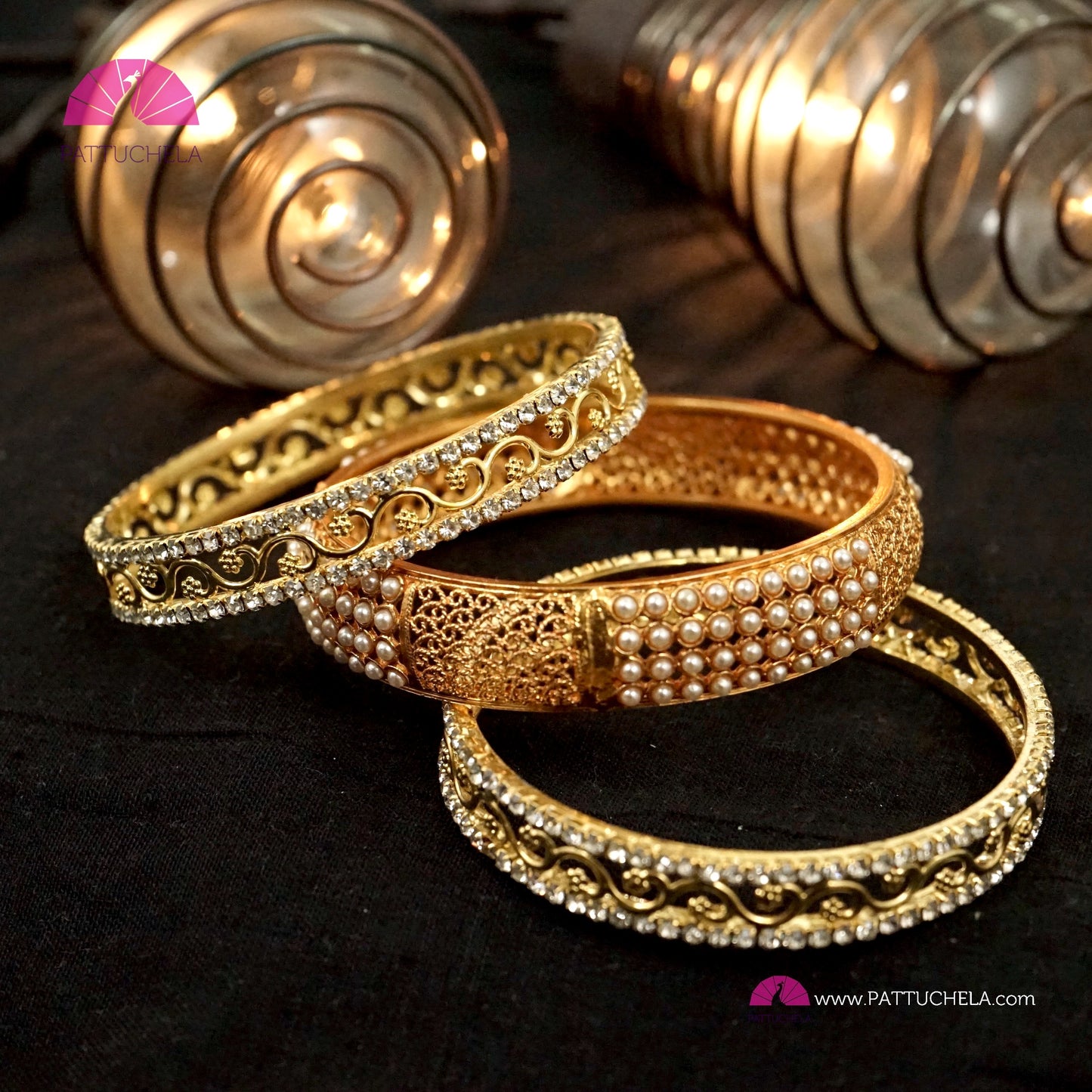 Pair of Gold tone Bangles with White Zircon stones | Gold Bangles | Kadas | Indian Jewelry