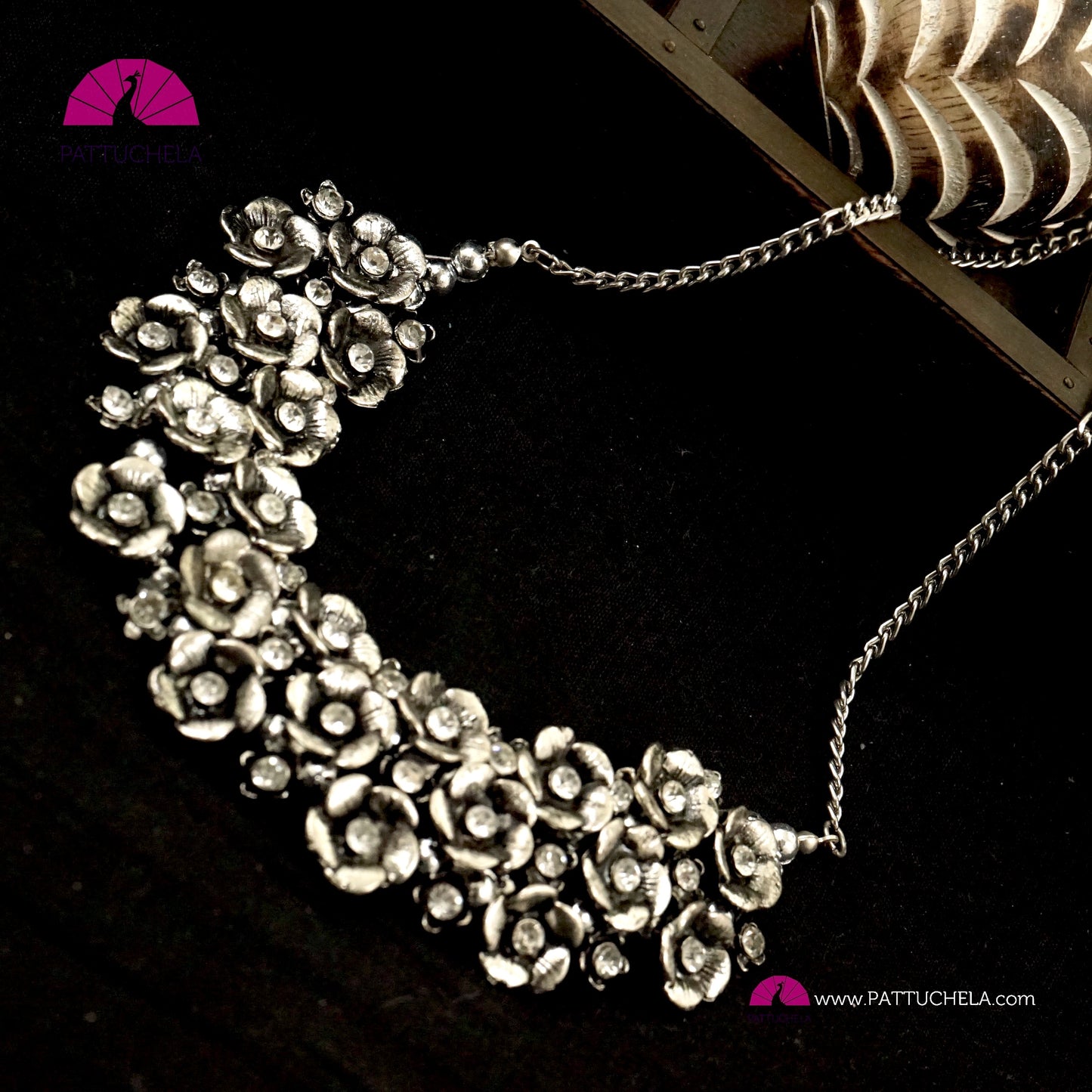 Unique Oxidized Silver Necklace in Floral pattern with White Stones| Formal & Casual Wear Necklace | Silver Jewelry