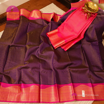 Gorgeous Purple Blue Kanchipuram Handloom SILK MARK CERTIFIED Saree with Vairoosi Weaves