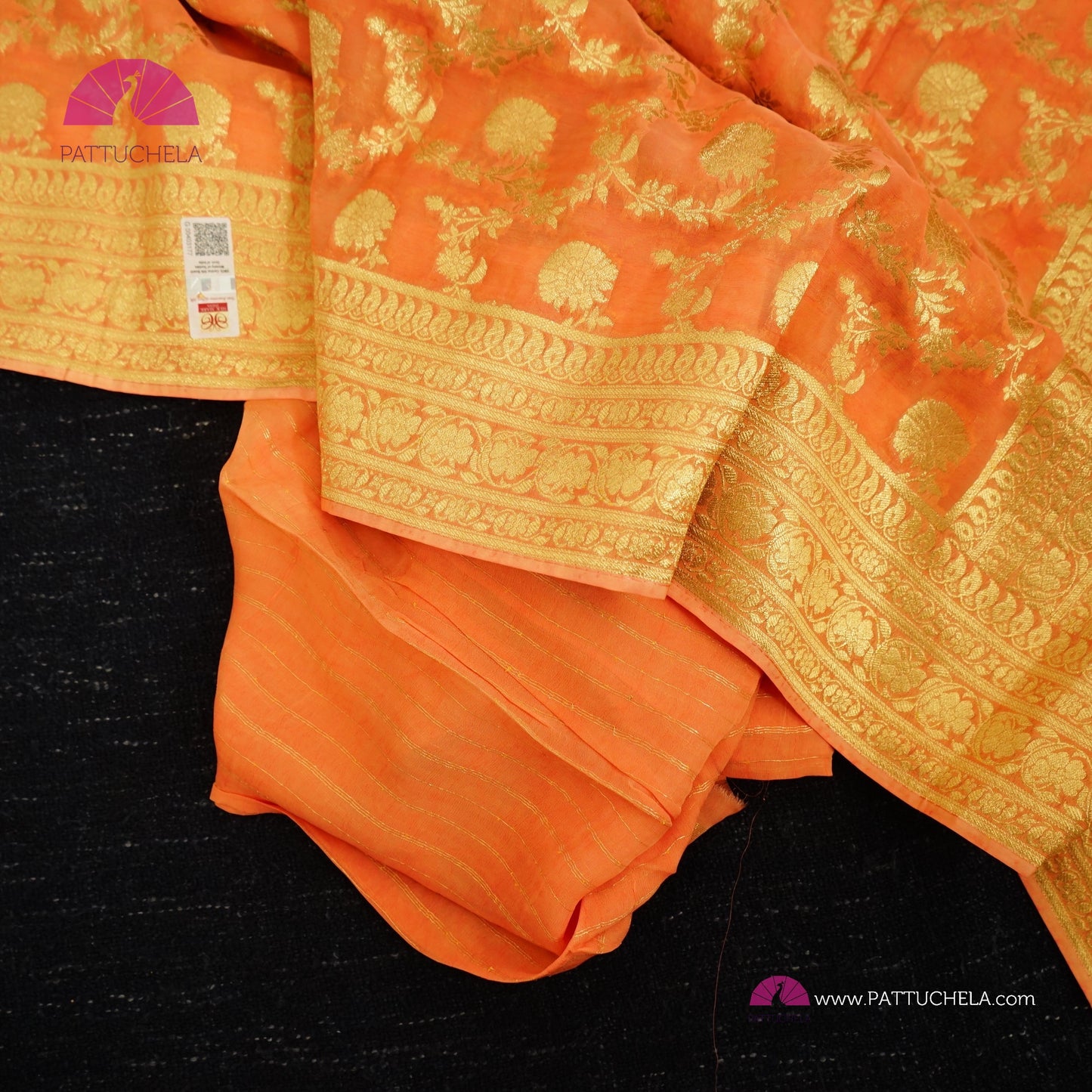 Gorgeous Khaddi Banarasi Georgette Silk handwoven Saree in pastel peach orange color