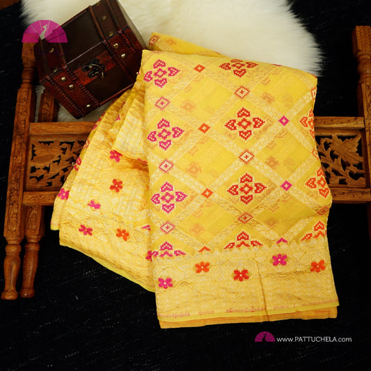 Yellow Banarasi Meenakari Georgette Silk handwoven Saree with Bandej Weaves