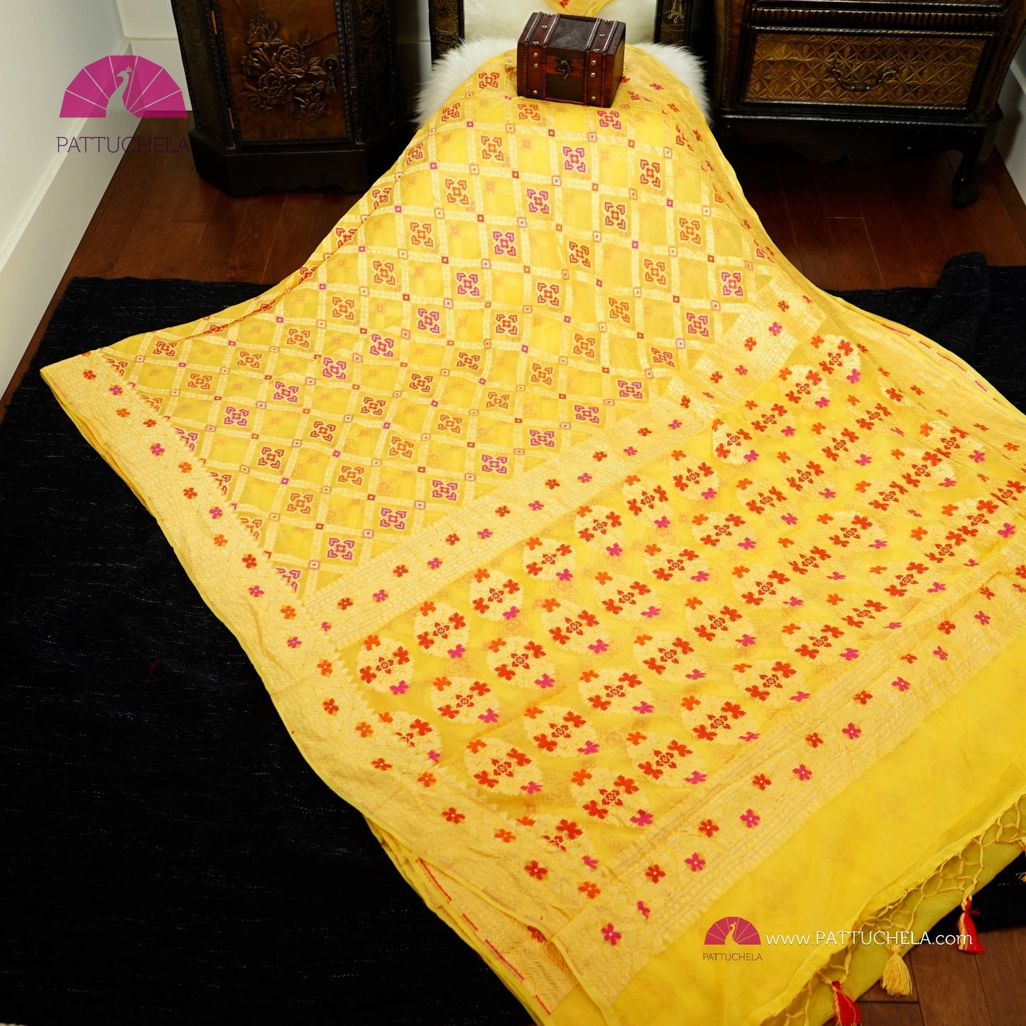 Yellow Banarasi Meenakari Georgette Silk handwoven Saree with Bandej Weaves