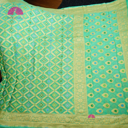 Turquoise Banarasi Georgette Silk handwoven Saree with meenakari Bandej Weaves