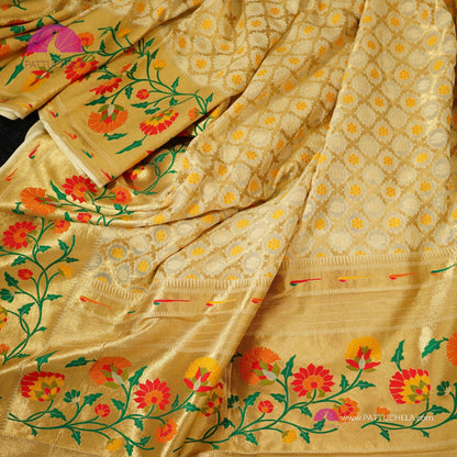 Cream Banarasi Khaddi Georgette Silk Saree with Floral Paithani Borders