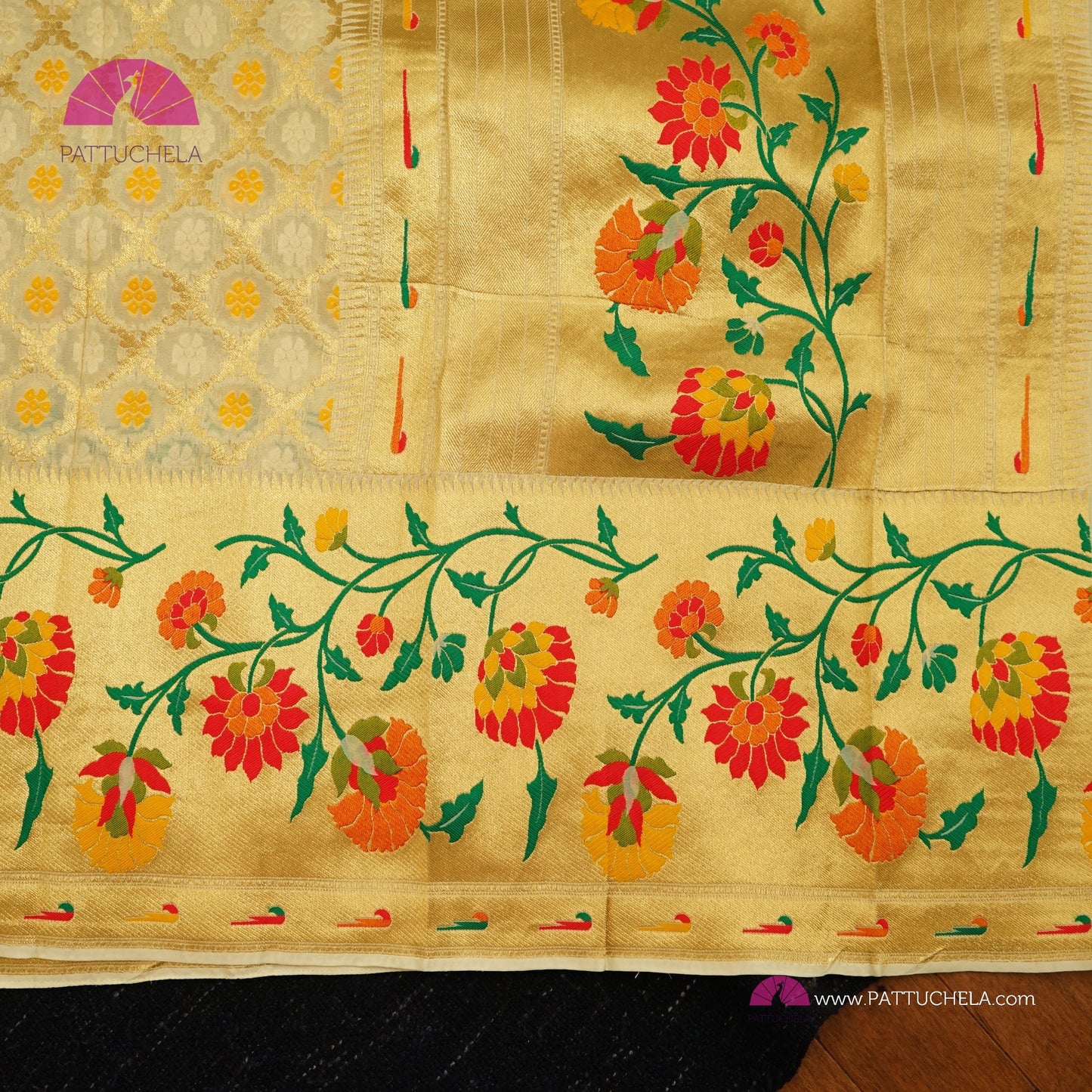 Cream Banarasi Khaddi Georgette Silk Saree with Floral Paithani Borders