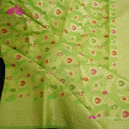 Beautiful Pista Green Semi Banarasi Georgette Saree with Meenakari Jaal weaves