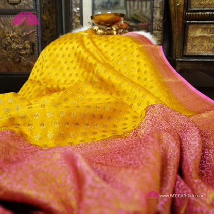 Gorgeous Banarasi Soft Silk Saree in Yellow and Pink