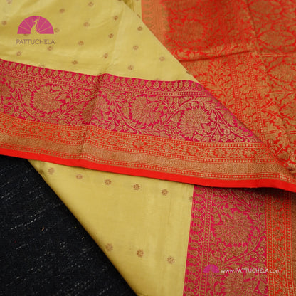 Pure Banarasi Katan handloom Silk in Beige Cream and Fuchsia Pink Orange Zari Border