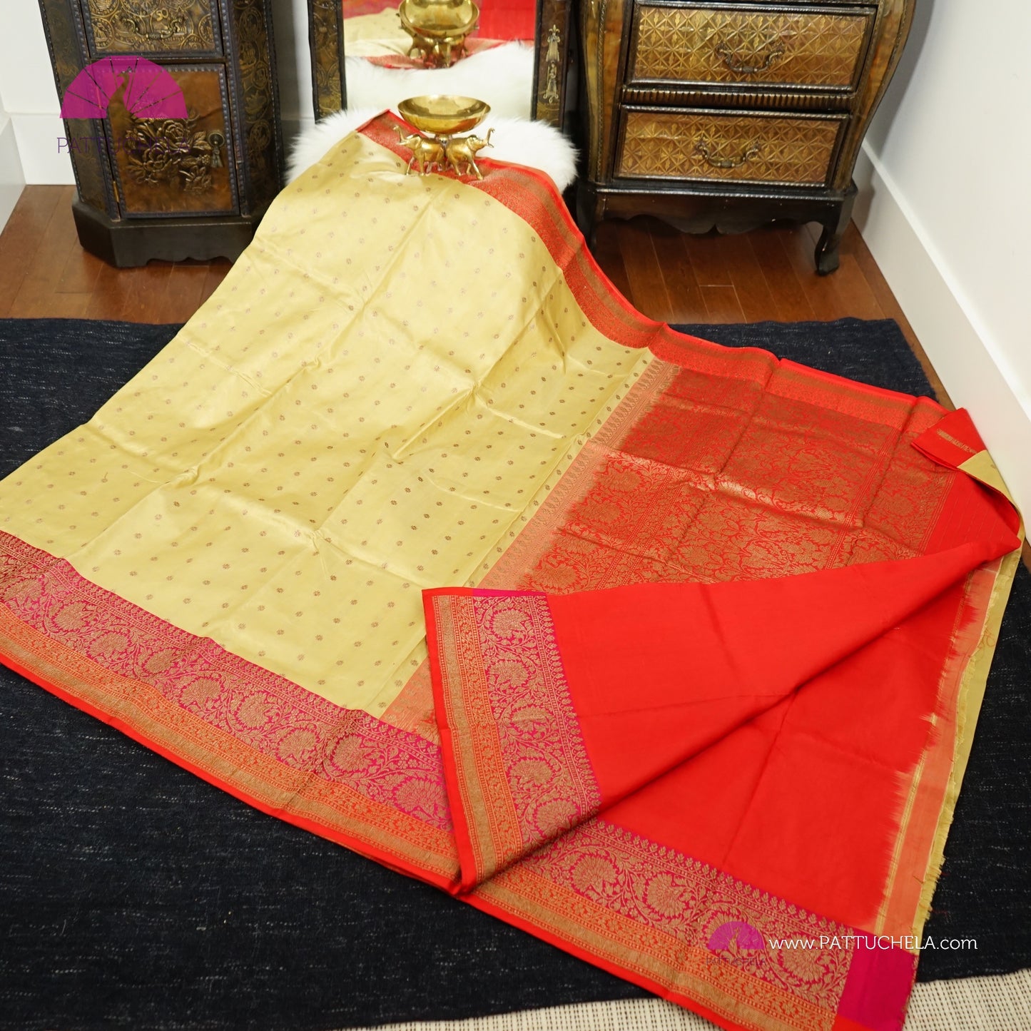 Pure Banarasi Katan handloom Silk in Beige Cream and Fuchsia Pink Orange Zari Border