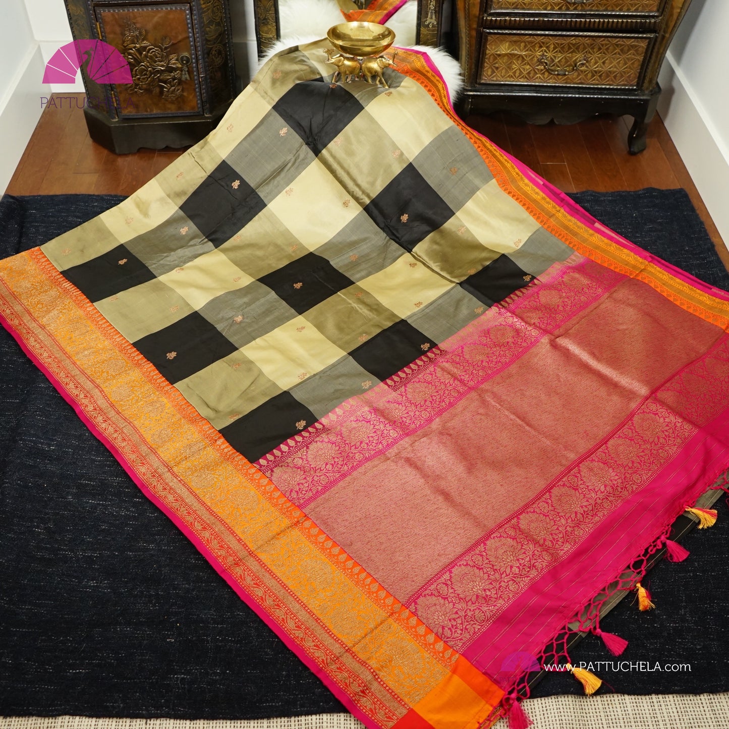 Beige and Black Checked Pure Banarasi Katan Handloom Silk Saree with multi color zari Border