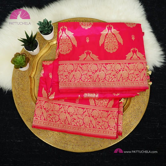 Hot Pink Pure Banarasi Katan handloom Silk Saree in Kadhuan Weaves